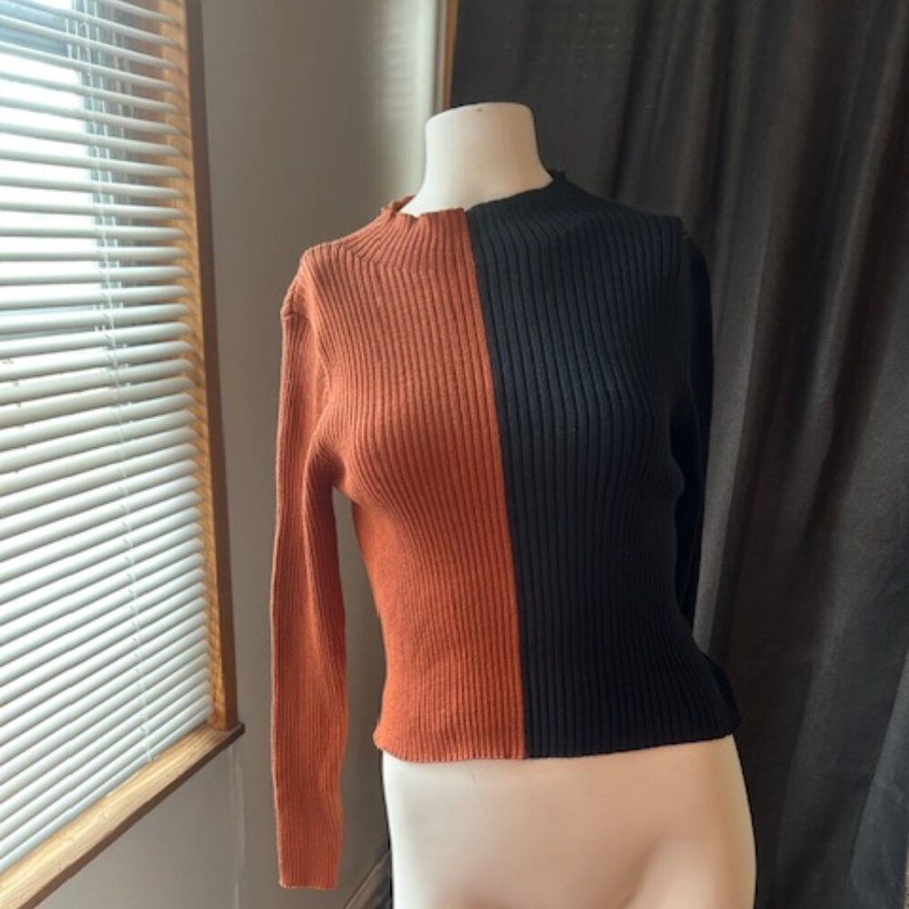 Say What Brown/Black color block rib knit sweater, size L